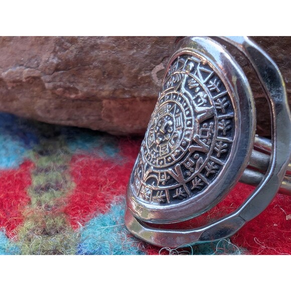 Vintage Aztec Calendar Ring, Southwestern Silver Ring Size 8 - Picture 3 of 10